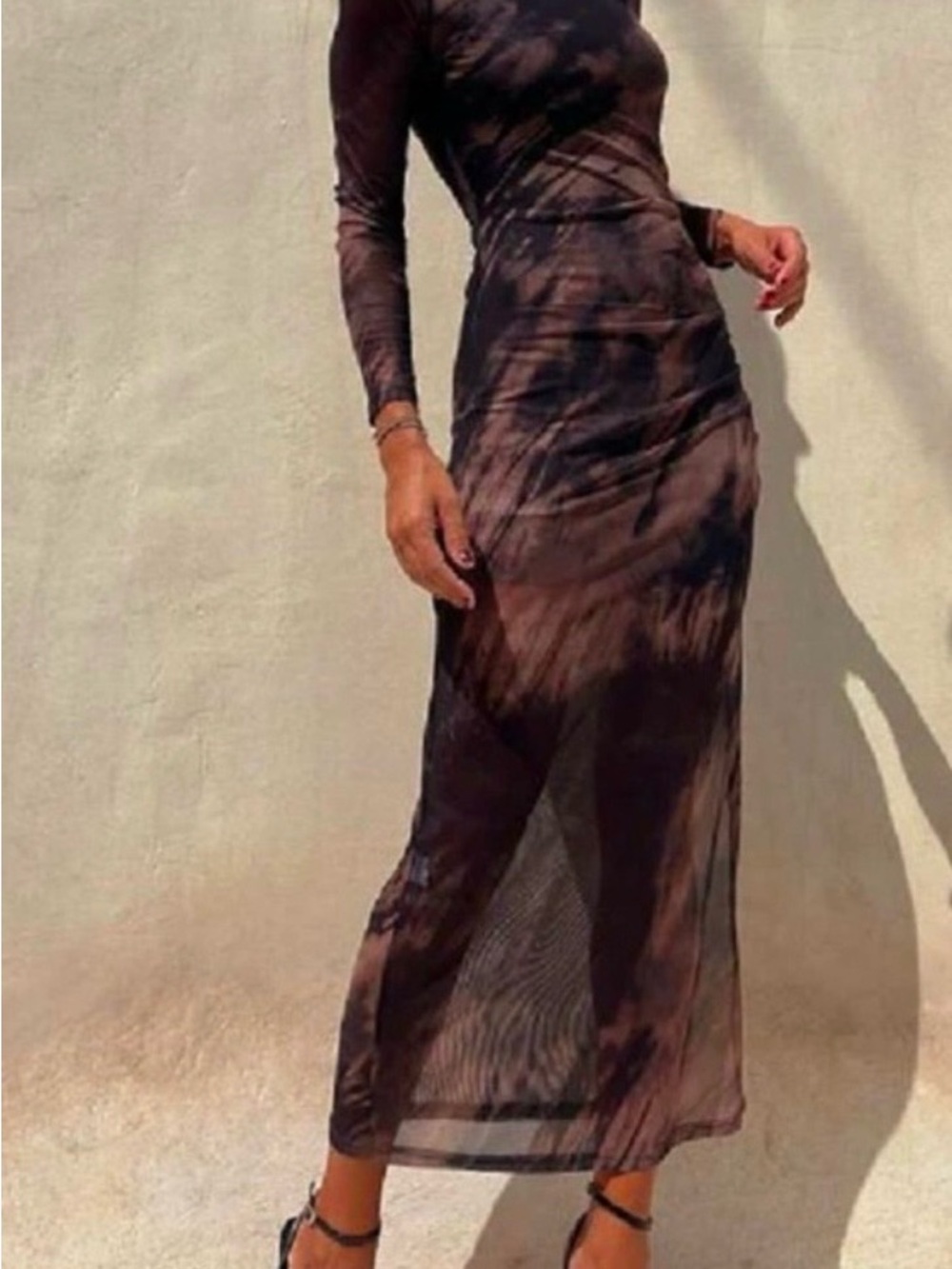 Long Sleeve Brown Tie-Dye Maxi Dress